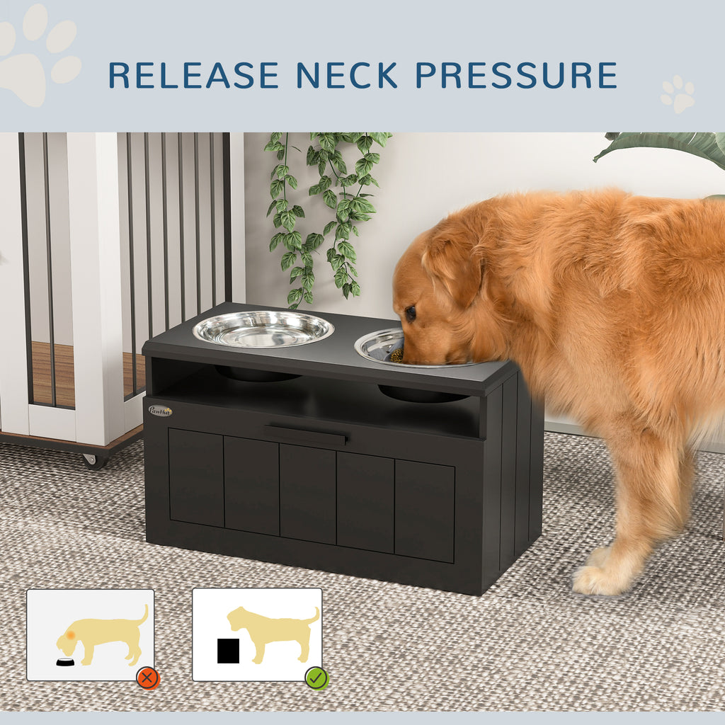PawHut Raised Dog Bowl – Elevated Slow Feeder with 2 Stainless Steel Bowls + Storage Drawer for Large Breeds