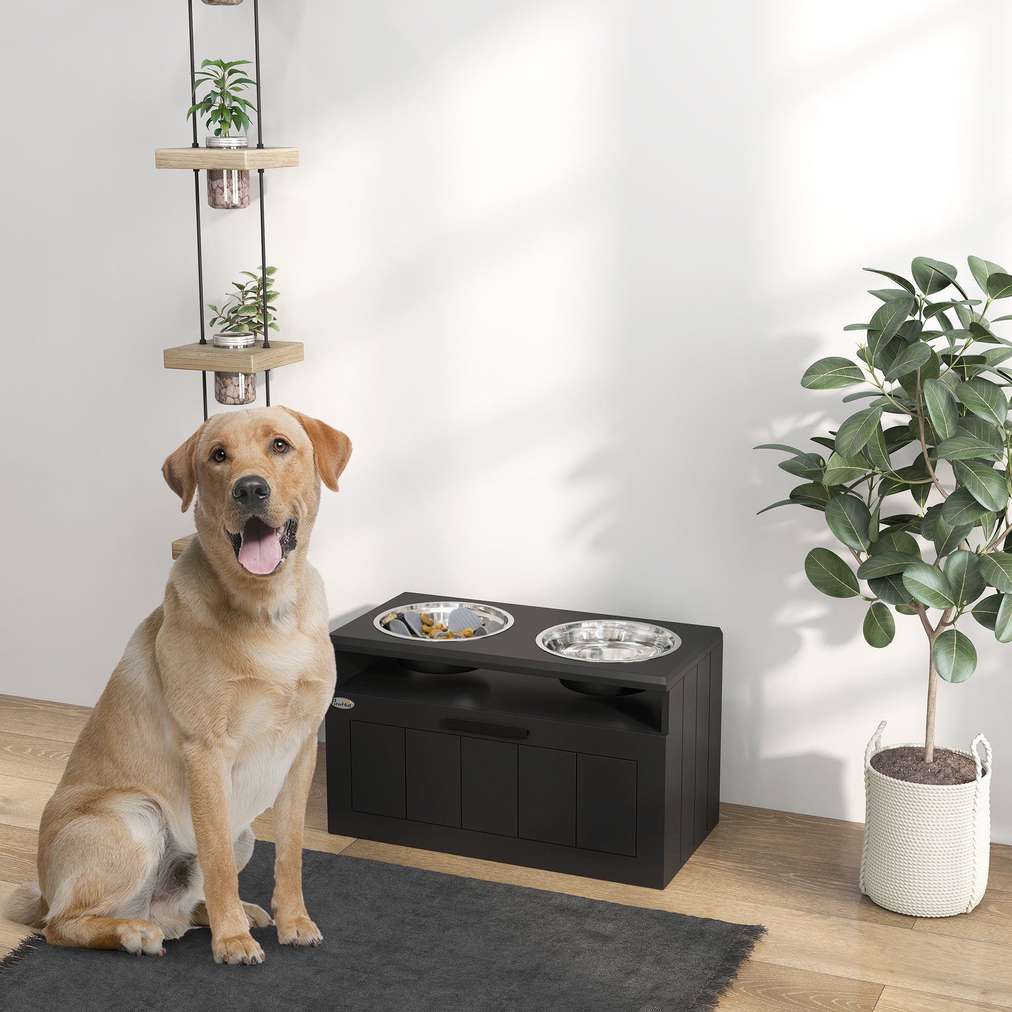 PawHut Raised Dog Bowl – Elevated Slow Feeder with 2 Stainless Steel Bowls + Storage Drawer for Large Breeds