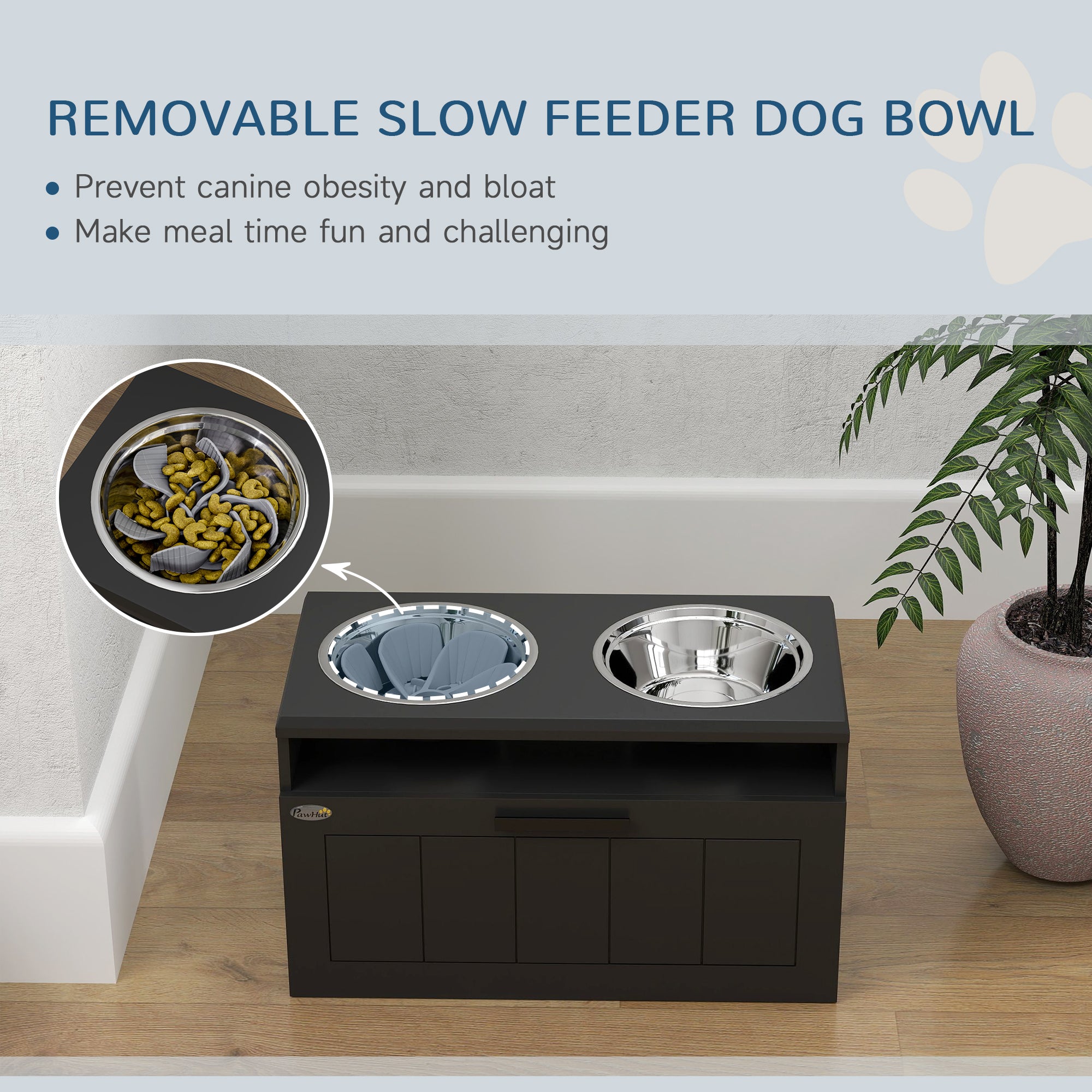 PawHut Raised Dog Bowl – Elevated Slow Feeder with 2 Stainless Steel Bowls + Storage Drawer for Large Breeds