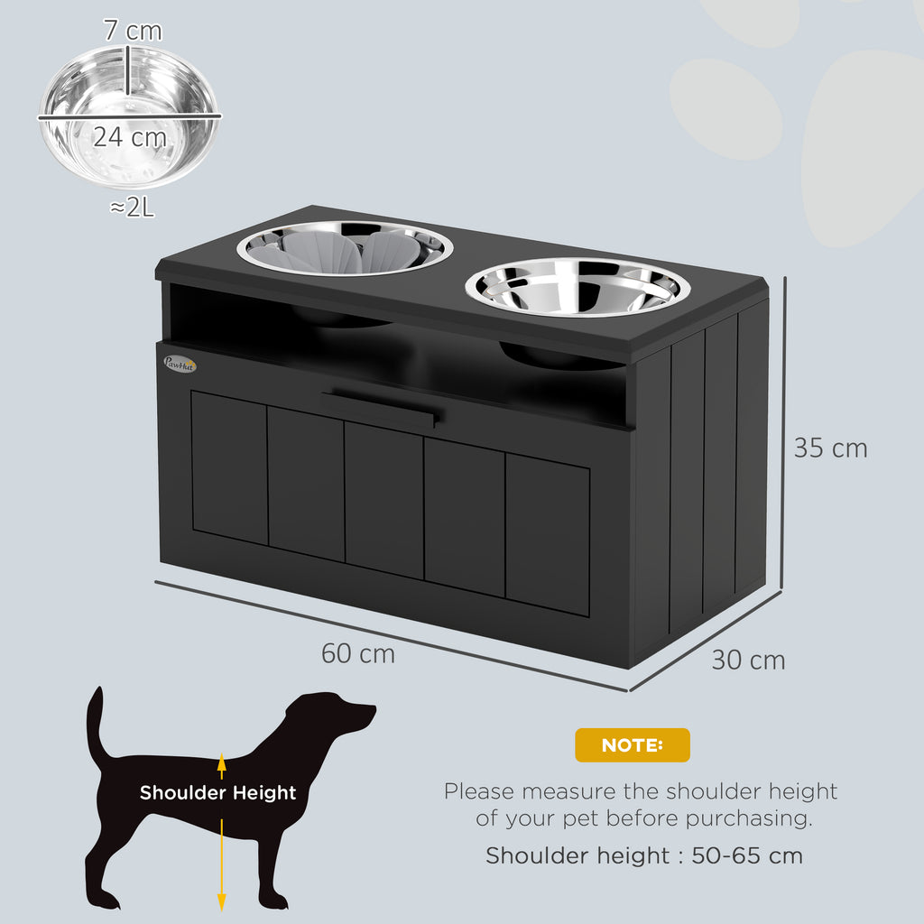 PawHut Raised Dog Bowl – Elevated Slow Feeder with 2 Stainless Steel Bowls + Storage Drawer for Large Breeds