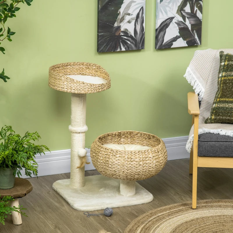 Elevated Cat Bed with Sisal Scratching Post – Modern Cat Tree with Cute Basket Design for Indoor Kitties