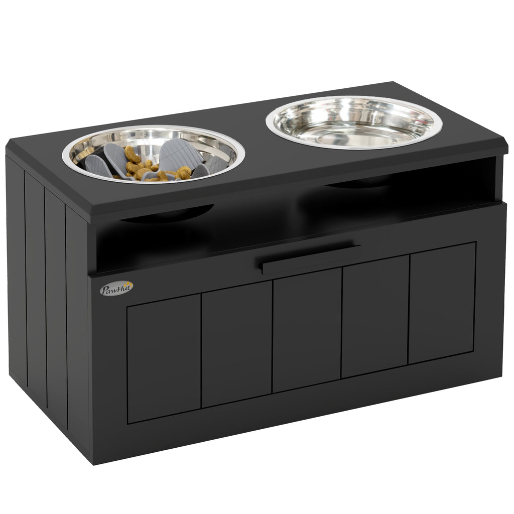 PawHut Raised Dog Bowl – Elevated Slow Feeder with 2 Stainless Steel Bowls + Storage Drawer for Large Breeds